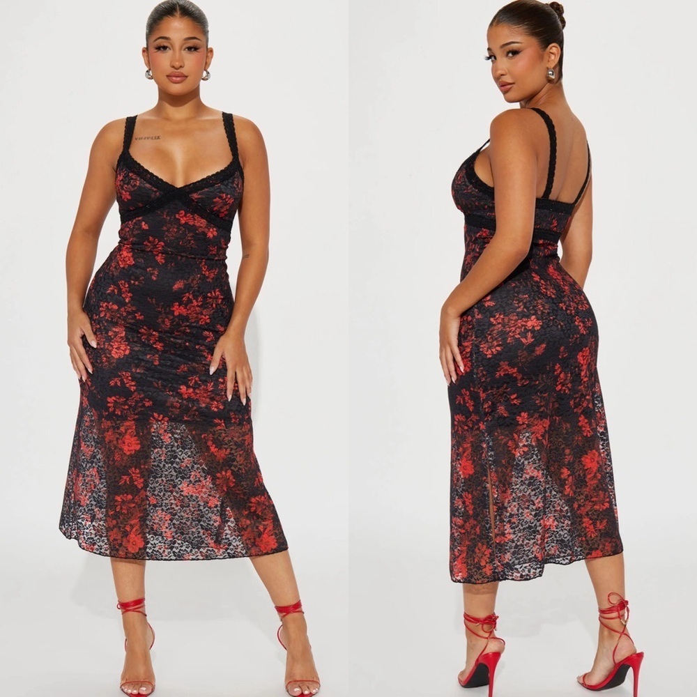Almost Famous Lace Midi Dress Red/Black Size Small